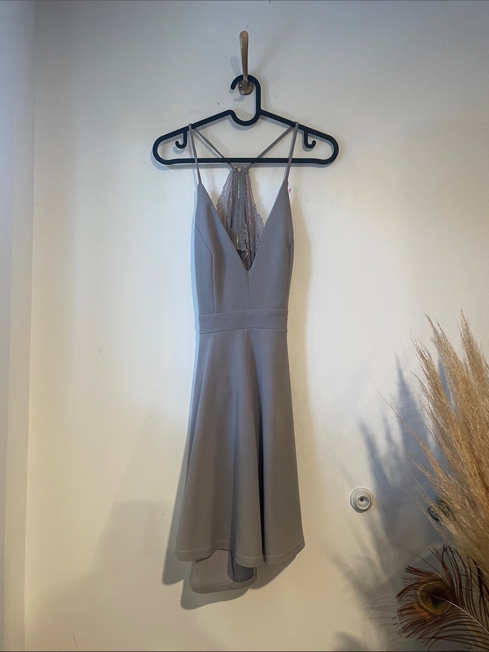 Grey Trac Mini Dress with Lace back panel Sz S B131